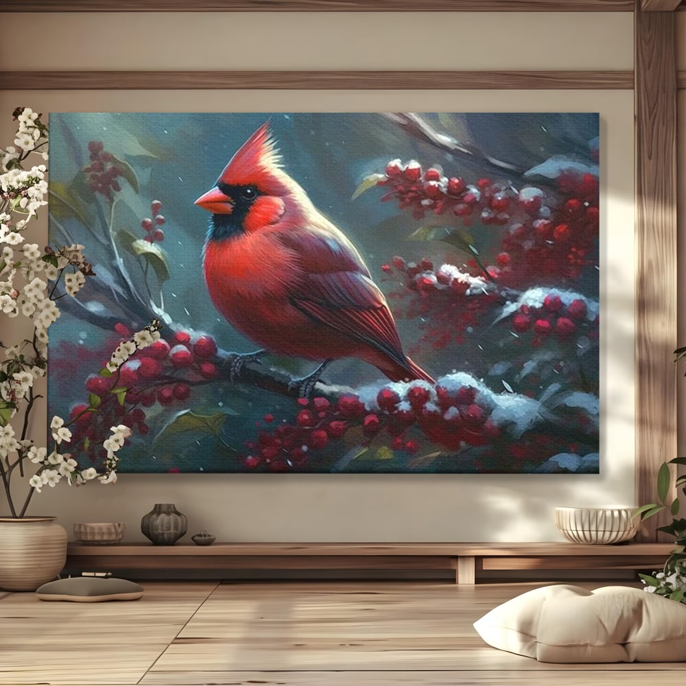 Tablou canvas cu tablou canvas cu pasare cardinal pe ramura inzapezita, fara rama, pe sasiu de lemn